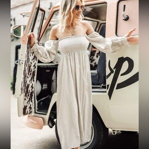 Petal and pup- DOMENICA SHIRRED LONG SLEEVE MIDI DRESS - BEIGE STRIPE